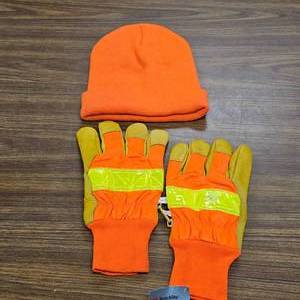 lot 199 image: Like New Leather Orange Reflective Winter Gloves and Hat
