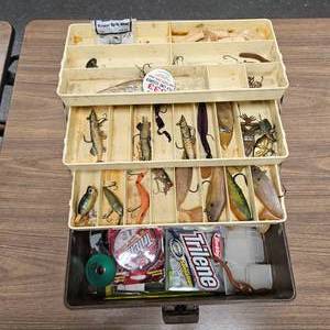 lot 176 image: Old Pal 3 Tier Fishing Tackle Box, Full of Lures, Lines,Weights, Hooks