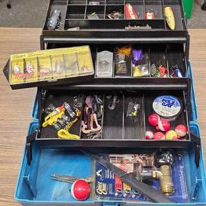 lot 178 image: Plano 3 Tier Tackle Box wLures and Complete Mepps Spinner Kit