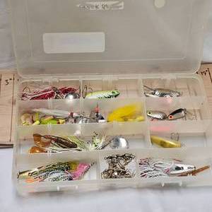 lot 246 image: 1 Tackle Box Full of Spinners, spoons, BuzzBaits, Jaw Breakers,  Buck Tails
