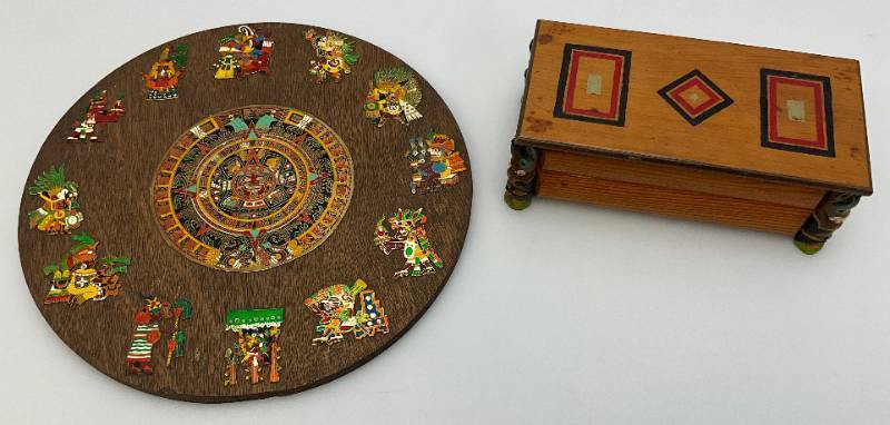 lot 94 image: Misc. Vintage Wooden Items Including Aztec Themed Calendar & Wooden Trinket Box