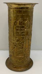 Est. $225.00 - $375.00 Antique English Brass Figural Scenic Repousse Umbrella Stand Vase