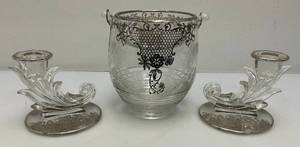 lot 219 image: Vintage Silver City Fostoria Silver Overlay Flower Design (Possibly Sterling) Candle Holders And Ice Bucket