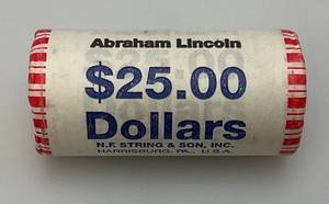 lot 9 image: $25.00 Roll Of  Abraham Lincoln One Dollar Coins Sealed