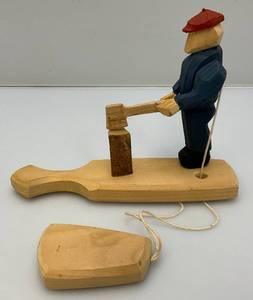 lot 131 image: 1980s Handmade Wooden Folk Art Toy man Chopping Wood 6 x 8 x 2