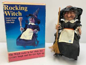 lot 140 image: Vintage Battery Operated Rocking Witch Sound Activated, Lighted Eyes And Scary Laugh In Original Box
