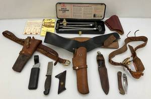 lot 146 image: Misc. Vintage Knives Including Possible Military, Leather Gun Holsters And More