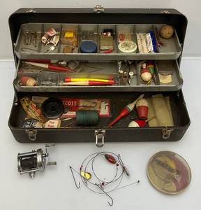 lot 155 image: Vintage Metal Tackle Box With Vintage Tackle
