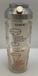 lot 185 image: MCM 1950s-60s Glass Cocktail Martini Shaker Recipe Design With Chrome Lid