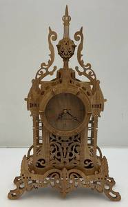 lot 243 image: Ornate Amy & Benton Laser Cut Wooden Battery Operated Mantle Clock