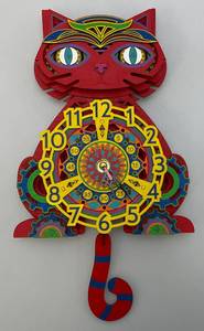 lot 244 image: Ornate Colorful Hand Painted Laser Cut Wood Cat Clock