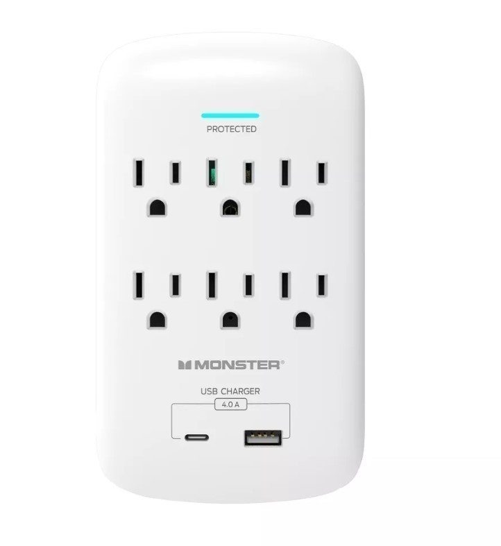 lot 836 image: Monster Essentials Power Wall Tap Surge Protector, 6 Outlets  USB Ports White