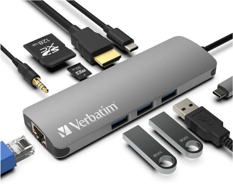 lot 894 image: Verbatim 9-in-1 USB C Hub Adapter - 100W Power Delivery, USB 3.0, SD Card Readers, Gigabit LAN, 3.5mm Port for USB C Laptops