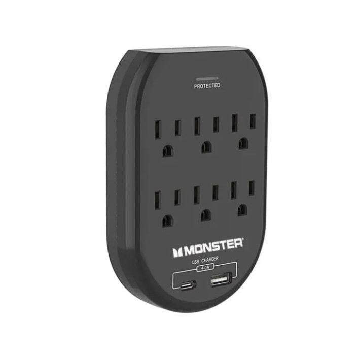 lot 728 image: Monster Essentials Power Wall Tap Surge Protector, 6 Outlets  USB Ports Black
