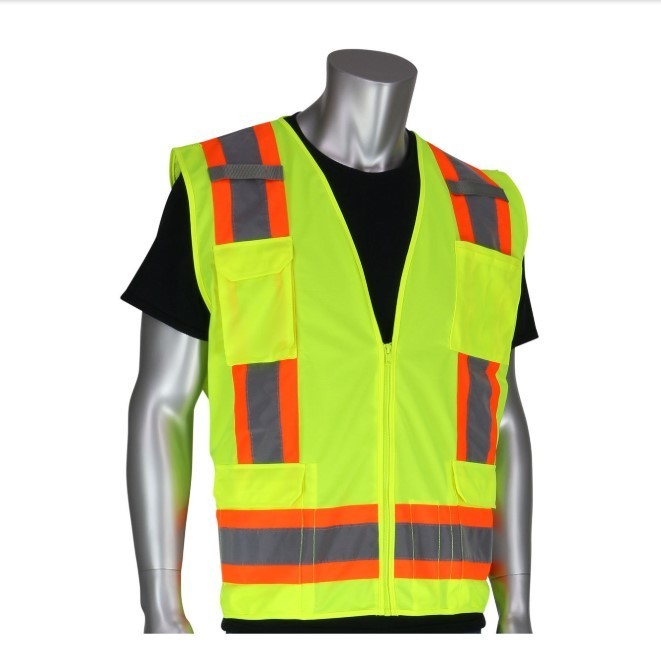 lot 734 image: NEW PIP 302-0500S ANSI Type R Class 2 Surveyors Vest, Two-Tone, 11 Pockets, Hi-Viz Yellow, XXL