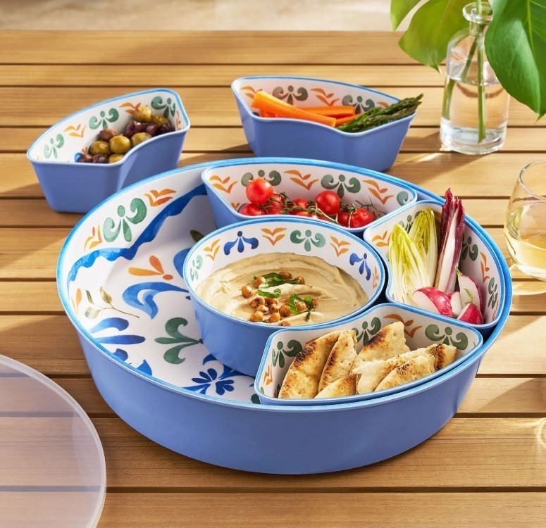 lot 319 image: NEW Members Mark 6-Section Bamboo Melamine Serving Platter with Lazy Susan Base and Storage Lid - Sky Blue