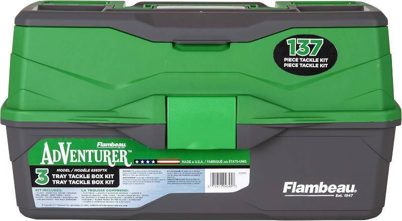 lot 148 image: NEW Flambeau Outdoors 6383FTK Adventurer 3-Tray Tackle Box Kit, Complete Starter Fishing Tackle Kit with Hooks, Bobbers, Stringer, and More, Green