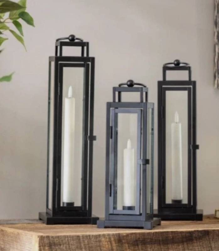 lot 387 image: 3 Pack of LED Tapered Candles in Tower Lanterns - 3 Pack - Black Finish
