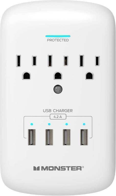 lot 226 image: Monster Wall Tap Plug 3-Outlet 4 USB Ports Extender with Outlet Surge Protector - WHITE