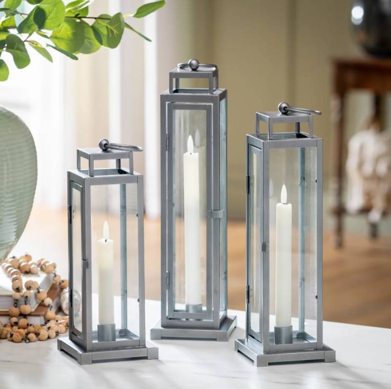 lot 268 image: 3 Pack of LED Tapered Candles in Tower Lanterns - 3 Pack - Silver Finish