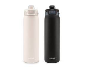lot 391 image: NEW Ello Pop & Fill 22oz. Stainless Steel Water Bottle with Leak Proof Locking Lid, 2-Pack - DunesCharcoal
