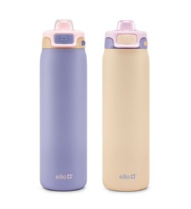 lot 393 image: NEW Ello Pop & Fill 22oz. Stainless Steel Water Bottle with Leak Proof Locking Lid, 2-Pack Cornflower Blush Breeze