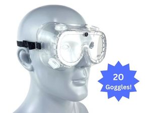 lot 71 image: MSRP $300 1 Case (20 Goggles) High Quality Ultimate Industrial Inc Safety Goggles SG-204&nbspAnti Fog Protective Scratch Resistant UV Ventilated Clear&nbspGoggles Fits Over Glasses Adjustable Bands For At&nbspWork, Job Site, School, Lab & More