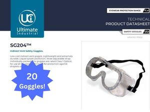 lot 74 image: MSRP $300 1 Case (20 Goggles) High Quality Ultimate Industrial Inc Safety Goggles SG-204&nbspAnti Fog Protective Scratch Resistant UV Ventilated Clear&nbspGoggles Fits Over Glasses Adjustable Bands For At&nbspWork, Job Site, School, Lab & More