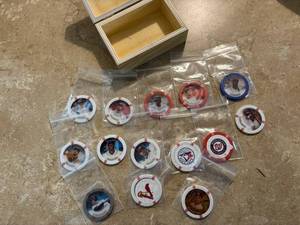 lot 198 image: MLB All Stars Poker Chip Lot With Wooden Box, Hall of Fame Players Included in Lot Albert Pujols, Jose Altuve and Torii Hunter