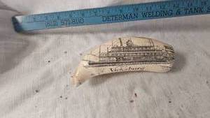 lot 41 image: Replica Scrimshaw Whaletooth with Vicksburg and Paddleboat engraving
