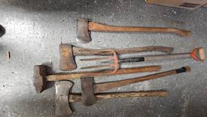 lot 56 image: Lot of 4 Axes, Potato Fork and Sledge