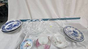 lot 94 image: Clear Crystal Glass Bowl with Prayer etched on rim, Crystal Bowl, Plates and Tea Cups