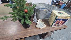lot 96 image: Metal Washtub(no holes), Bushel Basket, and Mis Christmas Items