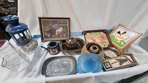 lot 112 image: Lot of Misc Items, dishes, Lantern, Pictures, etc
