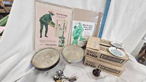 lot 108 image: Green Giant Advertising, 2 Boxes Libby 5160, 2 Crock Bowls, Assorted Spoons