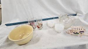 lot 121 image: Angle Pitcher, Milk Glass Bowls, Stoneware Bowl, Santa Glasses
