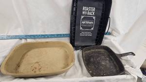 lot 123 image: Roaster Pan, Stoneware Cake Pan, Square Cast Iron Skillet