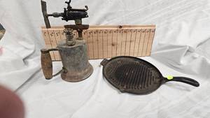 lot 127 image: Vintage Blow Torch and Round Cast Iron Pan with Raised Grill