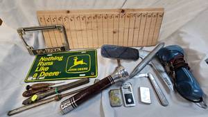 lot 166 image: Assorted Lot of Vintage Flashlight, Rear View Mirror, John Deere Plate, Zippo, and More
