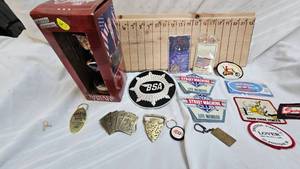 lot 167 image: Trump Bobblehead, Misc Patches, Trojan Key Chain, Belt Buckles