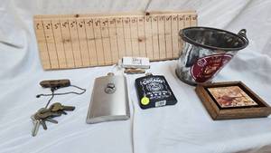 lot 168 image: Ducks Unlimited Pocket Knife, MDHA Flask, Chicago Flask, Keys and Misc