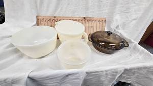 lot 177 image: Tupperware MeasuringMixing Bowl wCover, Anchor Ovenware wLid, Pyrex Bowl