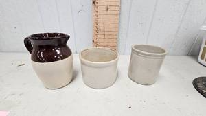 lot 197 image: Stoneware  Two Tone Pitcher and 2 Smaller Crocks