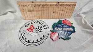 lot 228 image: Chevy Corvette Porcelain Advertising Sign and Harley Davidson Wall Sign(wood)