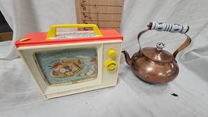 lot 231 image: Fisher Price Two Tune TV and Copper Tea Kettle