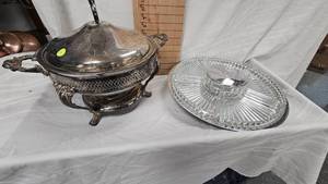 lot 201 image: Hordourve Tray(glasssilver) and silver Plated Chaffing Dish