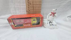 lot 153A image: Coca Cola Bear Coin Bank and Coca Cola Musical Alarm Clock-works
