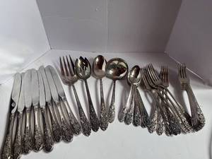 lot 1 image: 1949- 36 Piece Sterling Silver Crown Princess Fine Arts Flatware Set