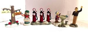 lot 34 image: 5 Unmarked Resin Christmas Village Figurines Street Sign, Gas Pumps, Etc.