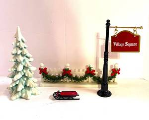 lot 37 image: Dept 56 Tree, Metal Street Sign, Wooden Fence and Tiny Sled
